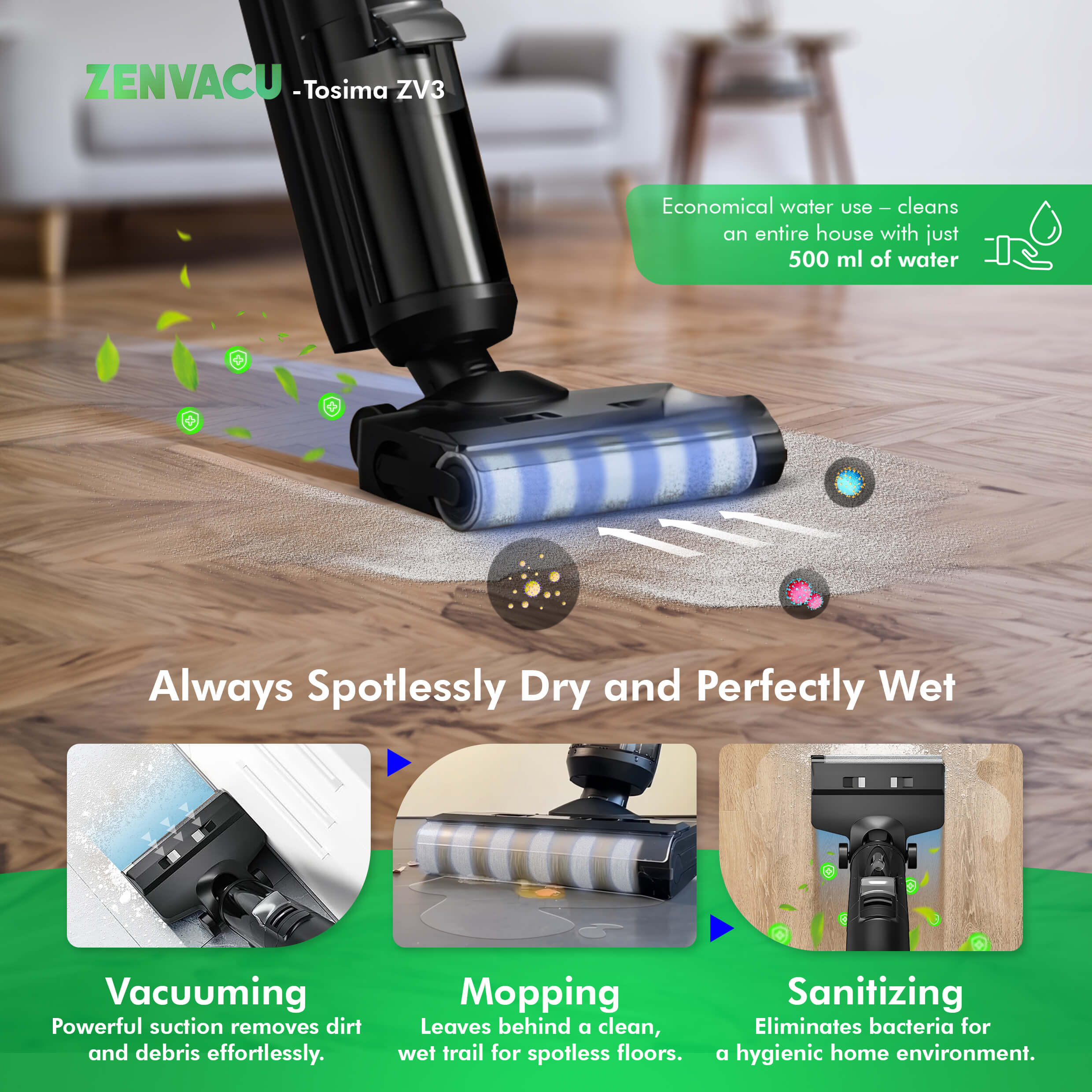 Best ZenVacu 3-in-1 Vacuum: Eco-Friendly, Efficient Floor Cleaning with Vacuuming, Mopping, and Sanitizing All in One, Always Spotlessly Dry and Perfectly Wet