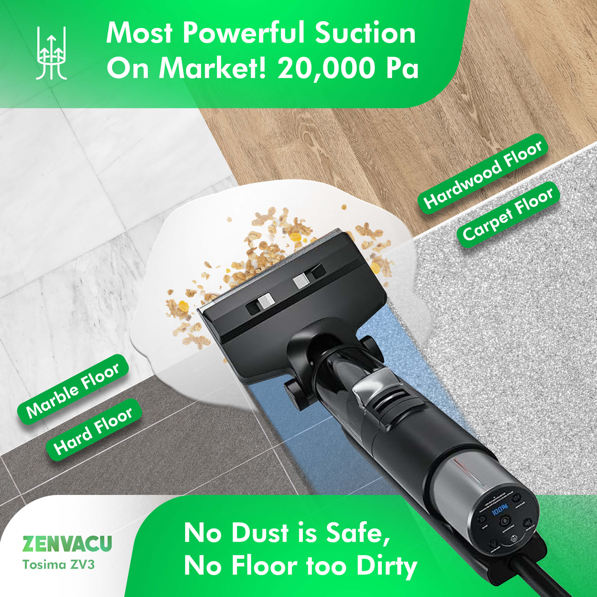 Most Powerful 20,000 Pa Suction ZenVacu Dry and Wet Vacuum Cleaner: Perfect for Hardwood, Marble, and Carpet - No Floor Too Dirty