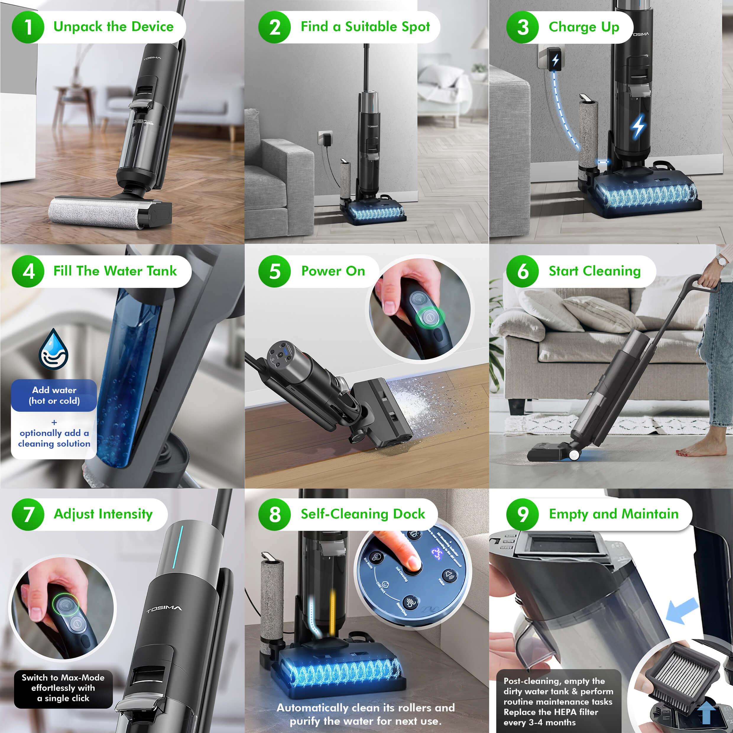 Infographic showing 9 Steps to Operate ZenVacu Vacuum Cleaner: 1. Unboxing the product, 2. Assembling components, 3. Charging the battery, 4. Fill the water tank 5. Powering on, 6. Starting the cleaning process, 7. AI adjust Intensity (20.000 Pa) 8. Automatic self-emptying function and Self-cleaning mode and dock, 9. Long-term Empty and Maintenance tips