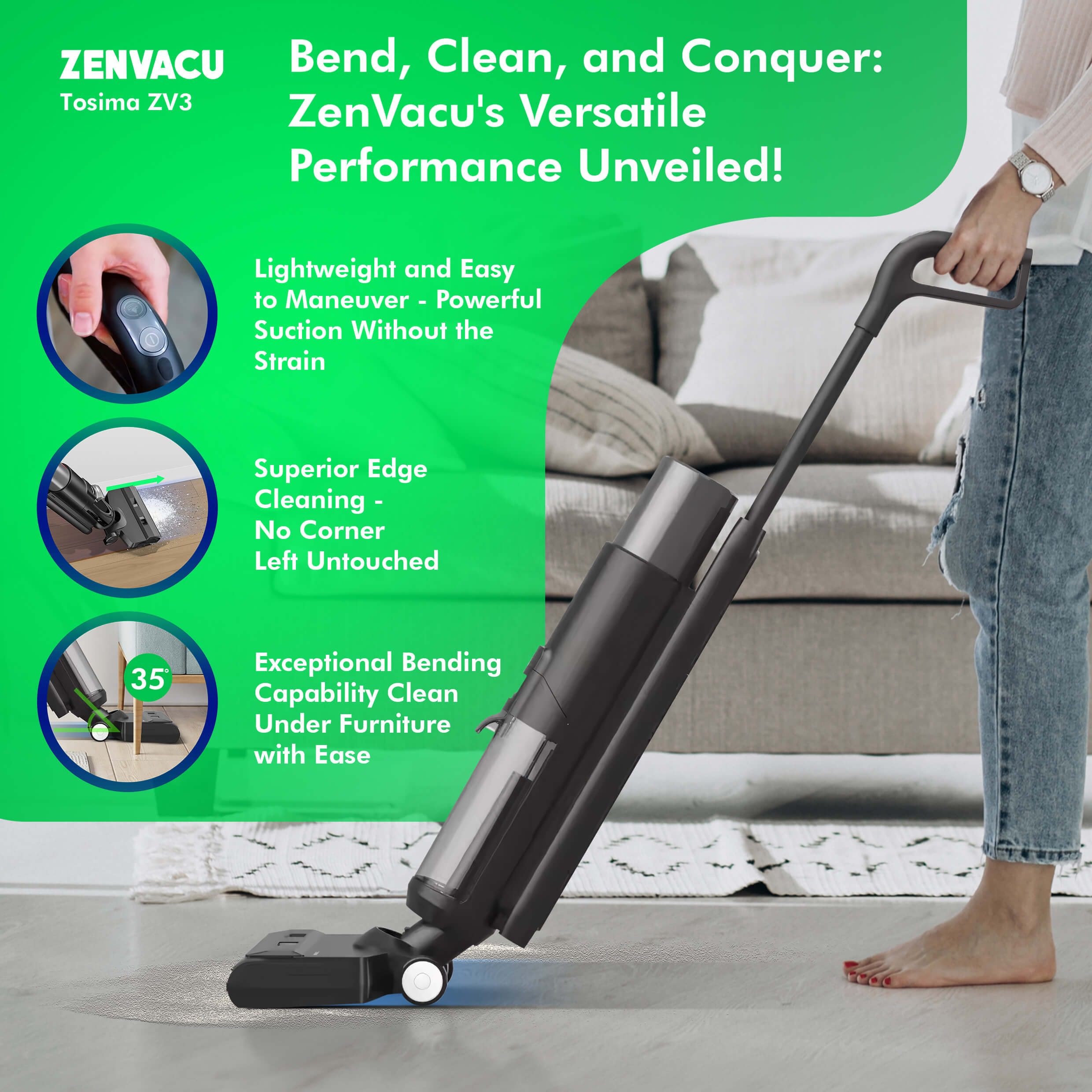 Lightweight ZenVacu Wet and Dry Vacuum cleaner Cordless with Exceptional Maneuverability: Edge Cleaning for Every Corner, Effortless Bending Capabilities