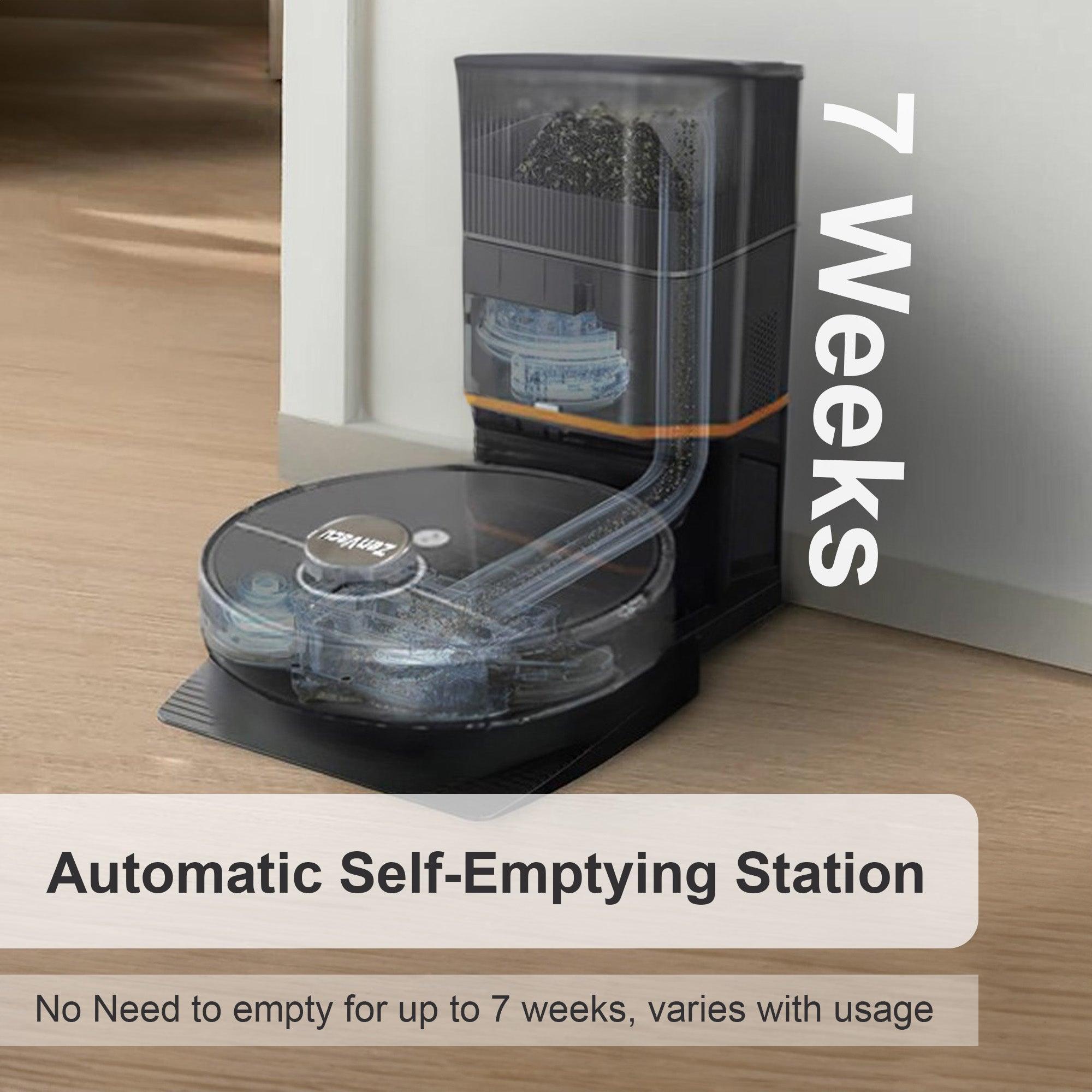 The ZenVacu robot cleaner ZV G8 Pro has a self emptying station. with a dust bag of 3 Liters. Automatic Self-Emptying Station. No need to empty for up to 7 weeks, waries with usage.